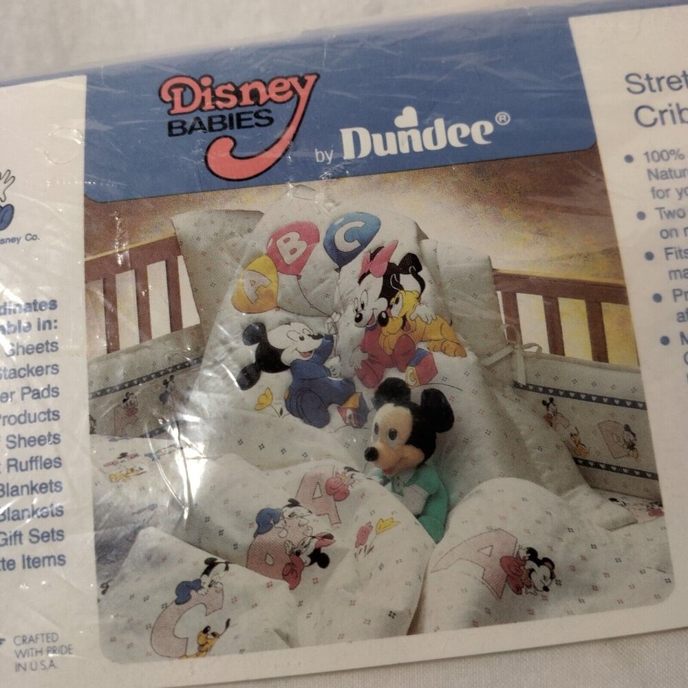 Vintage Disney Babies Dundee Crib Sheet 28x52 White ABC Mickey Minne New NOS - Picture 3 of 11